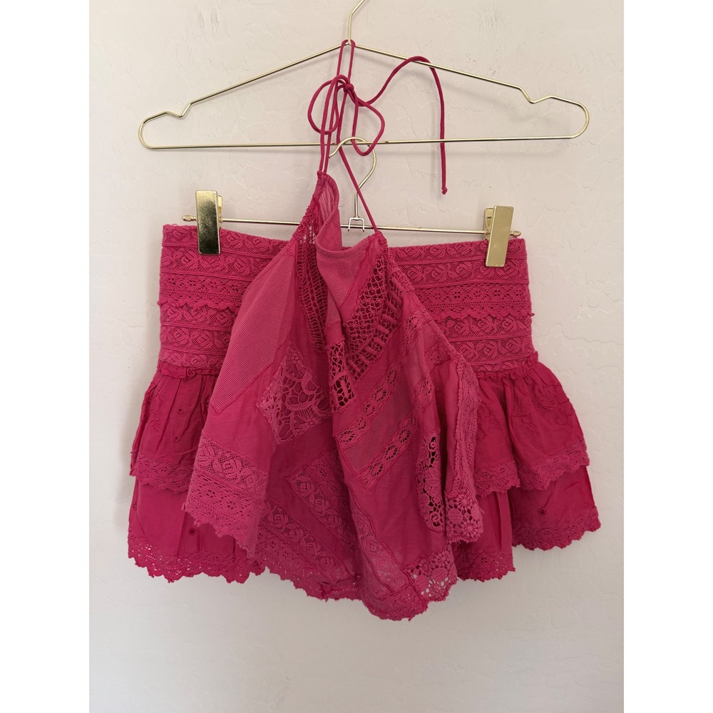 Free People Eleanora Lace Patchwork Halter Top & Tiered Mini Skirt Set M NWOT